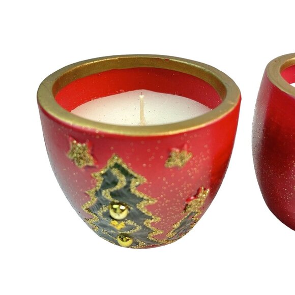 Set Of 3 Red Gold Christmas Tree Themed Votive Candles In Decorative Holders u - Picture 2 of 4